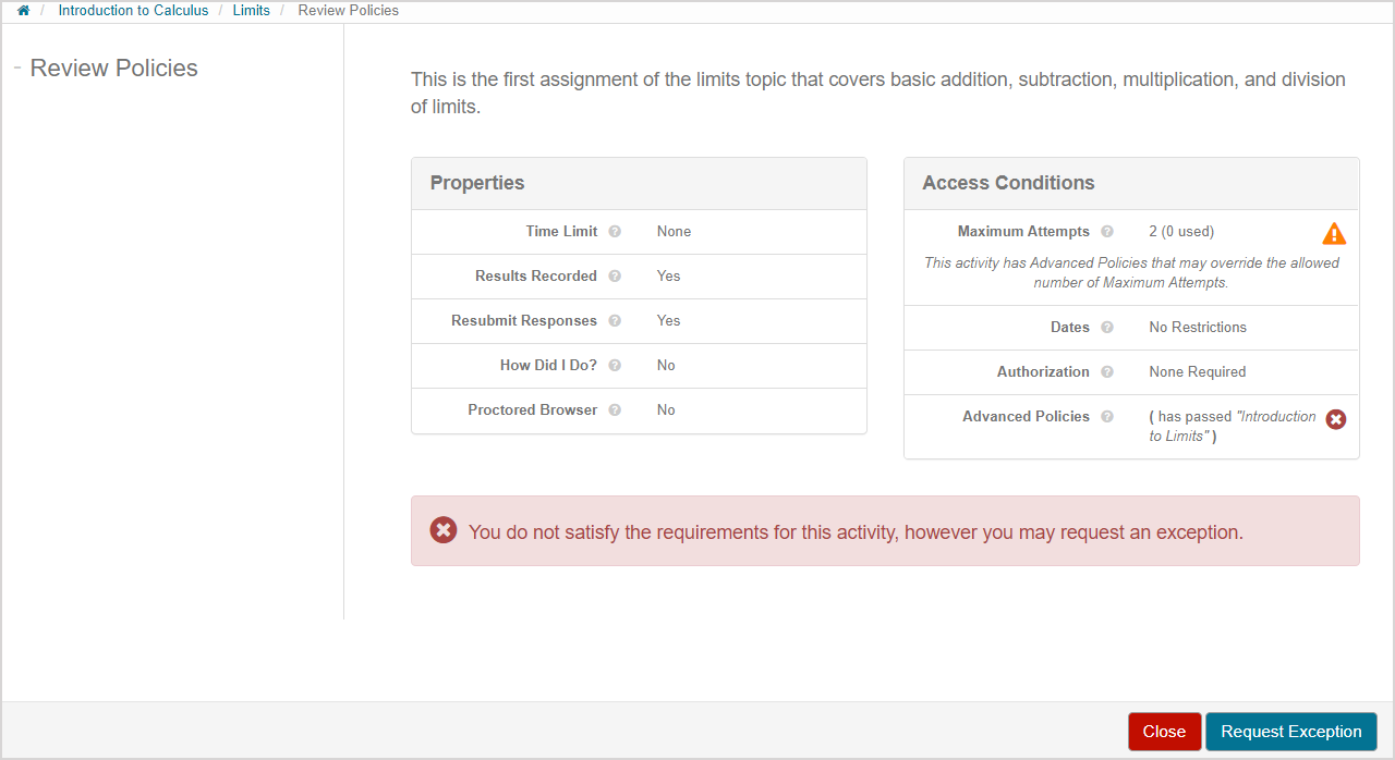 An error icon is shown in the Advanced Policies section of the Access Conditions on the launch page.